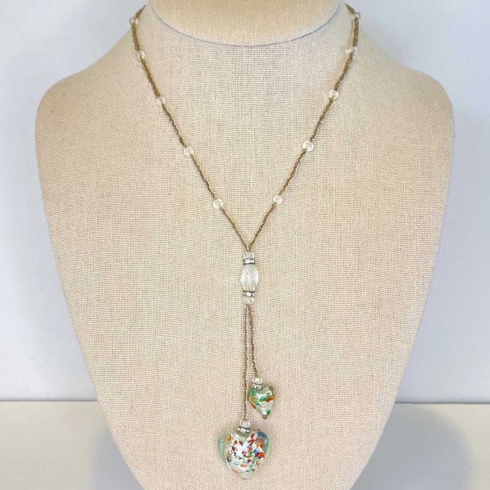Artisan Glass Heart Drop Lariat Necklace Y2K Romantic Bead Confetti Multi Color